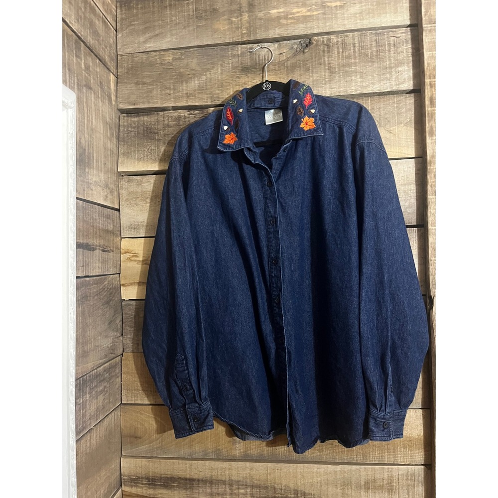 Style Studio Womens 3X Denim Shirt‎ Fall Leaf Embroidered Collar Blue Cotton Top
